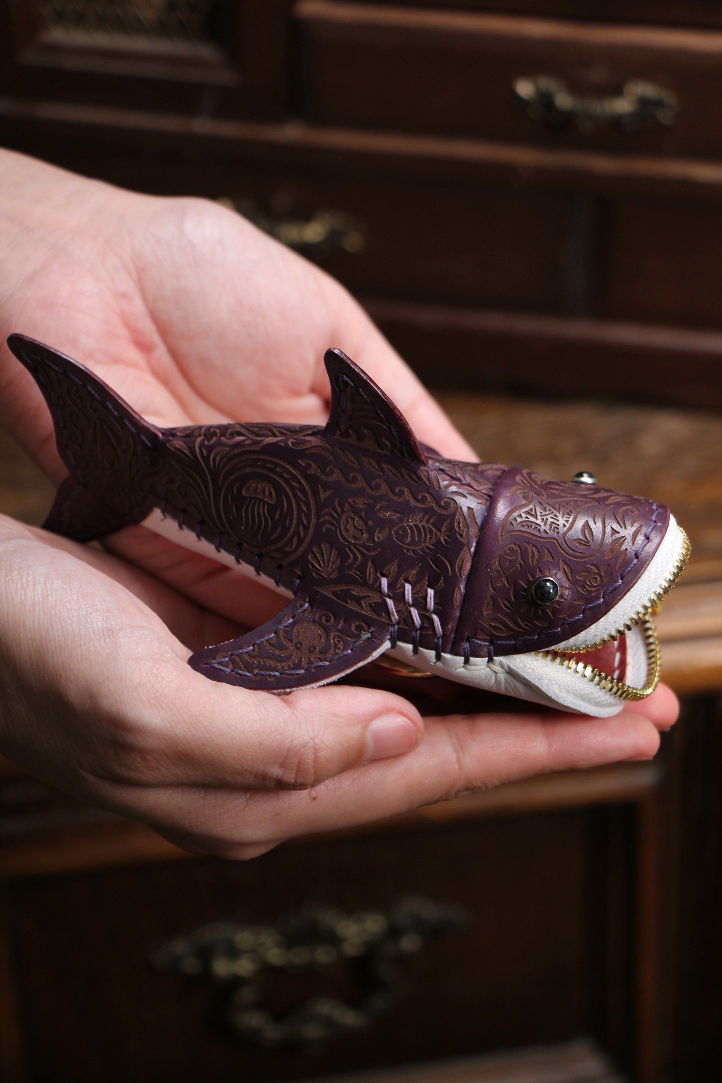 Handmade Tattooed Leather Shark Coin Purse | Made-to-order 4-8 weeks lead time to ship from Canada