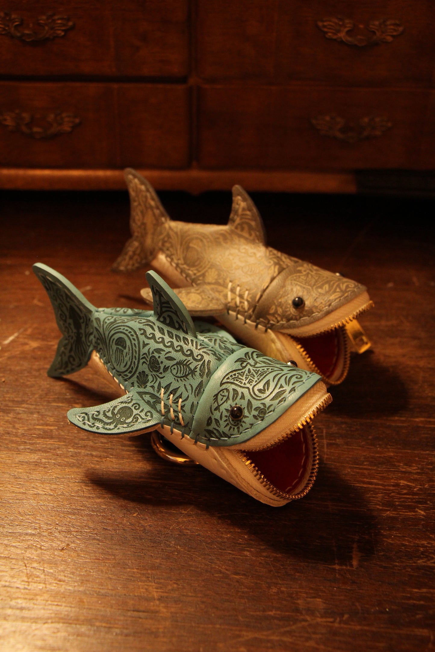 Handmade Tattooed Leather Shark Coin Purse | Made-to-order 4-8 weeks lead time to ship from Canada
