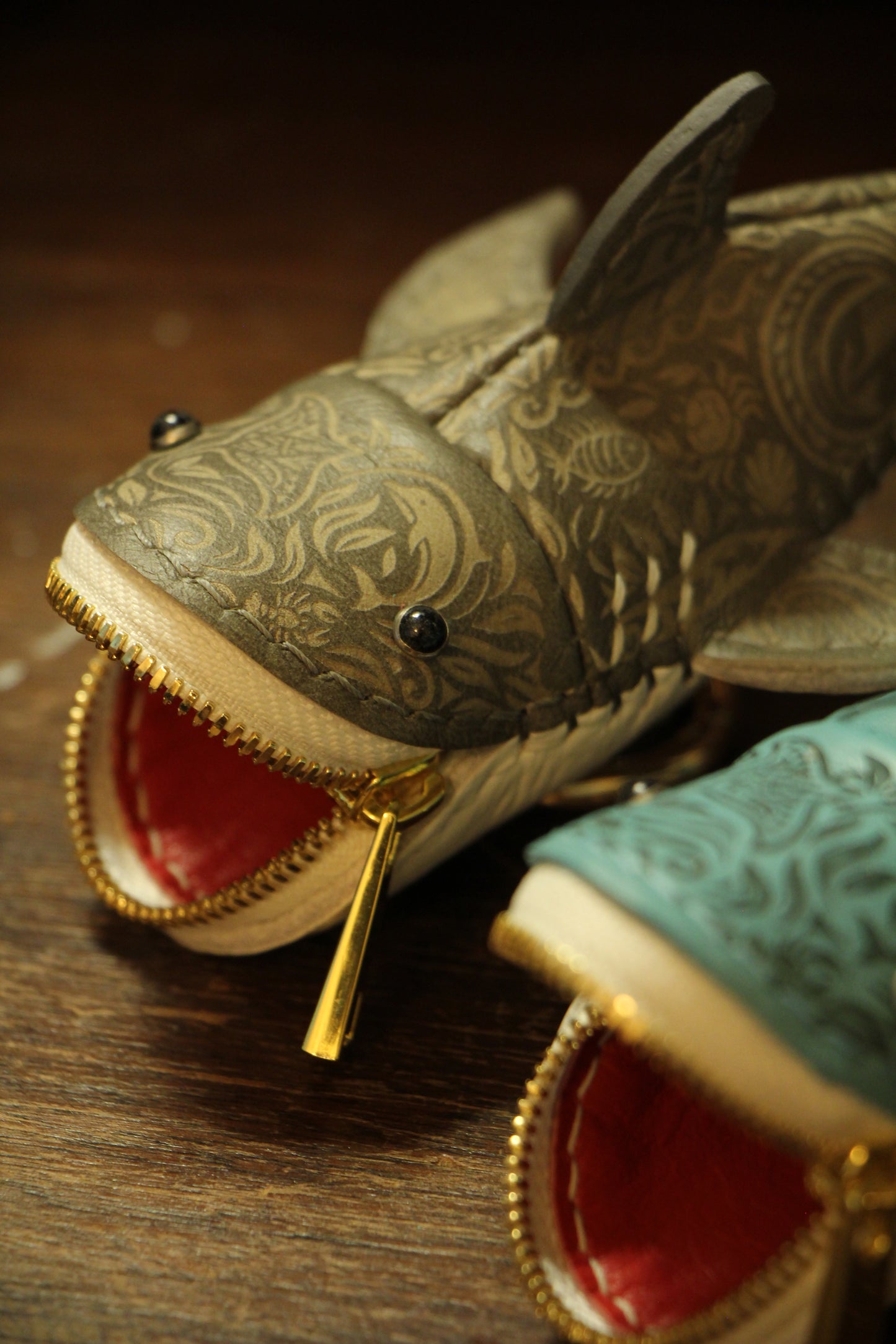 Handmade Tattooed Leather Shark Coin Purse | Made-to-order 4-8 weeks lead time to ship from Canada