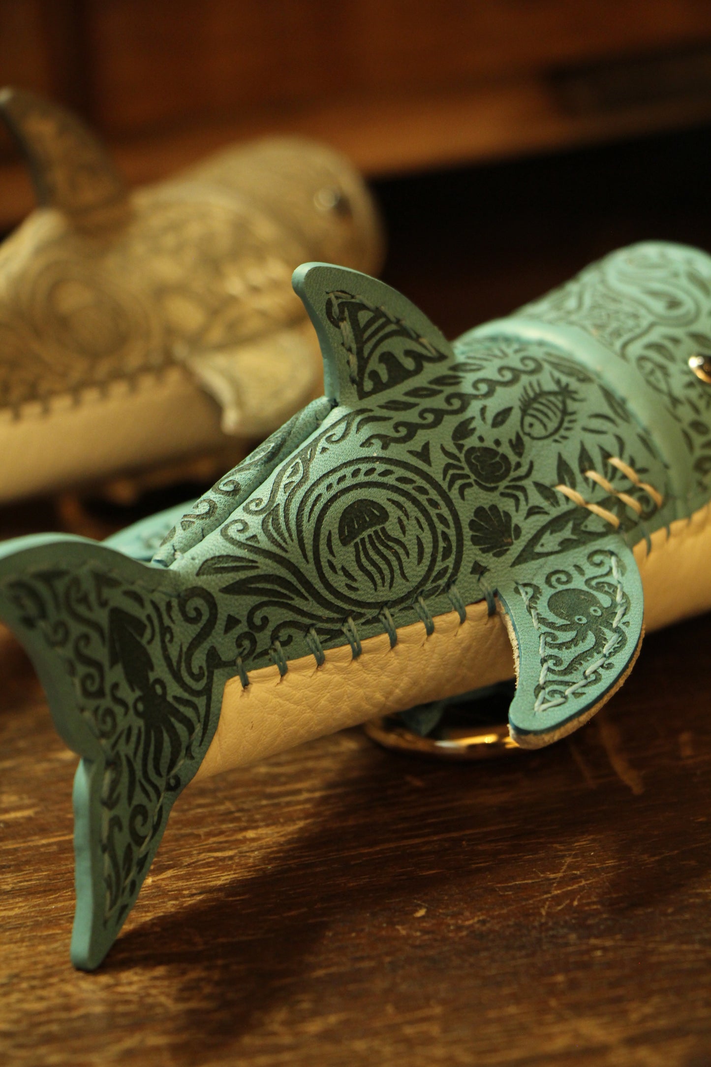 Handmade Tattooed Leather Shark Coin Purse | Made-to-order 4-8 weeks lead time to ship from Canada