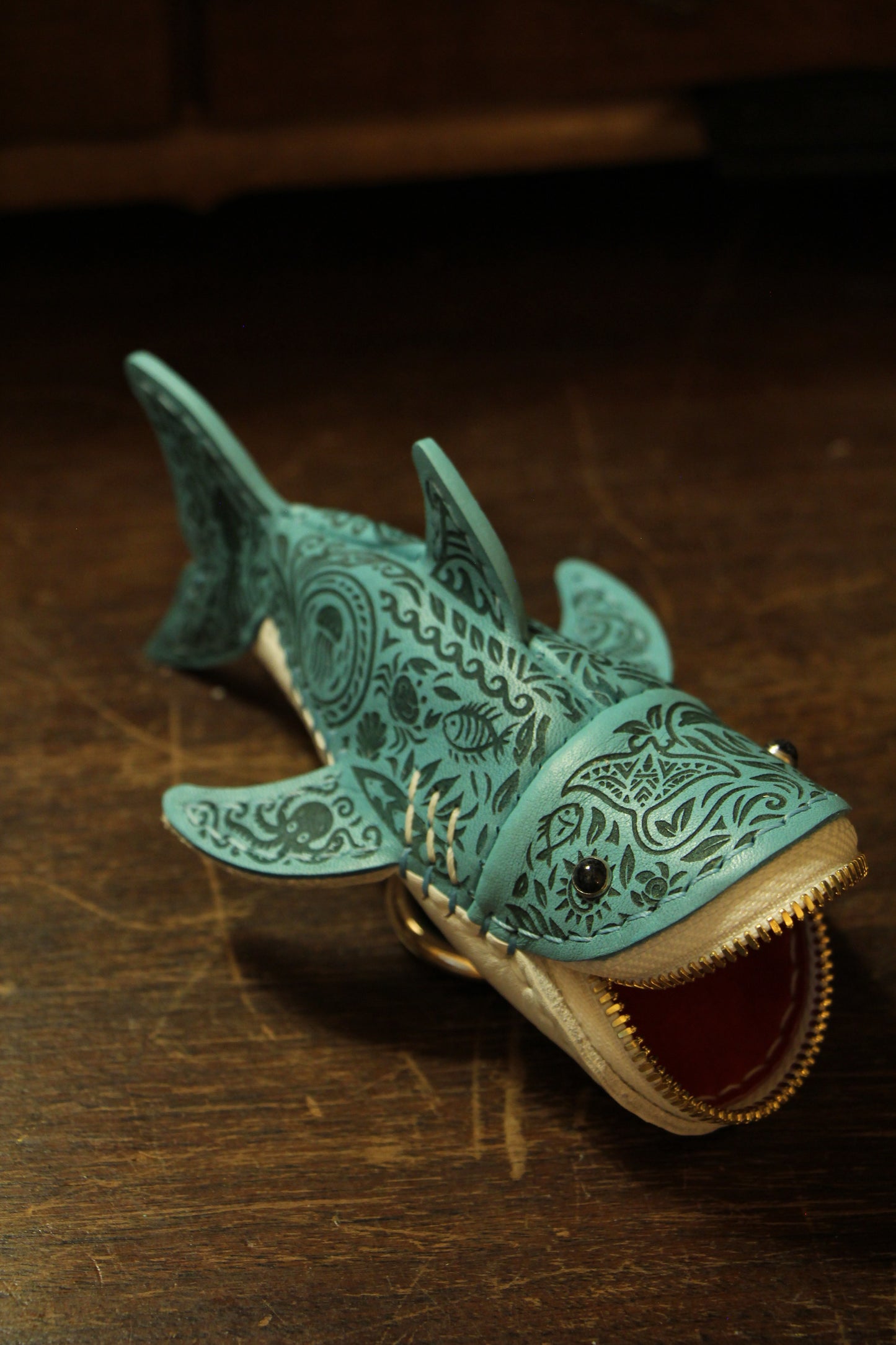 Handmade Tattooed Leather Shark Coin Purse | Made-to-order 4-8 weeks lead time to ship from Canada