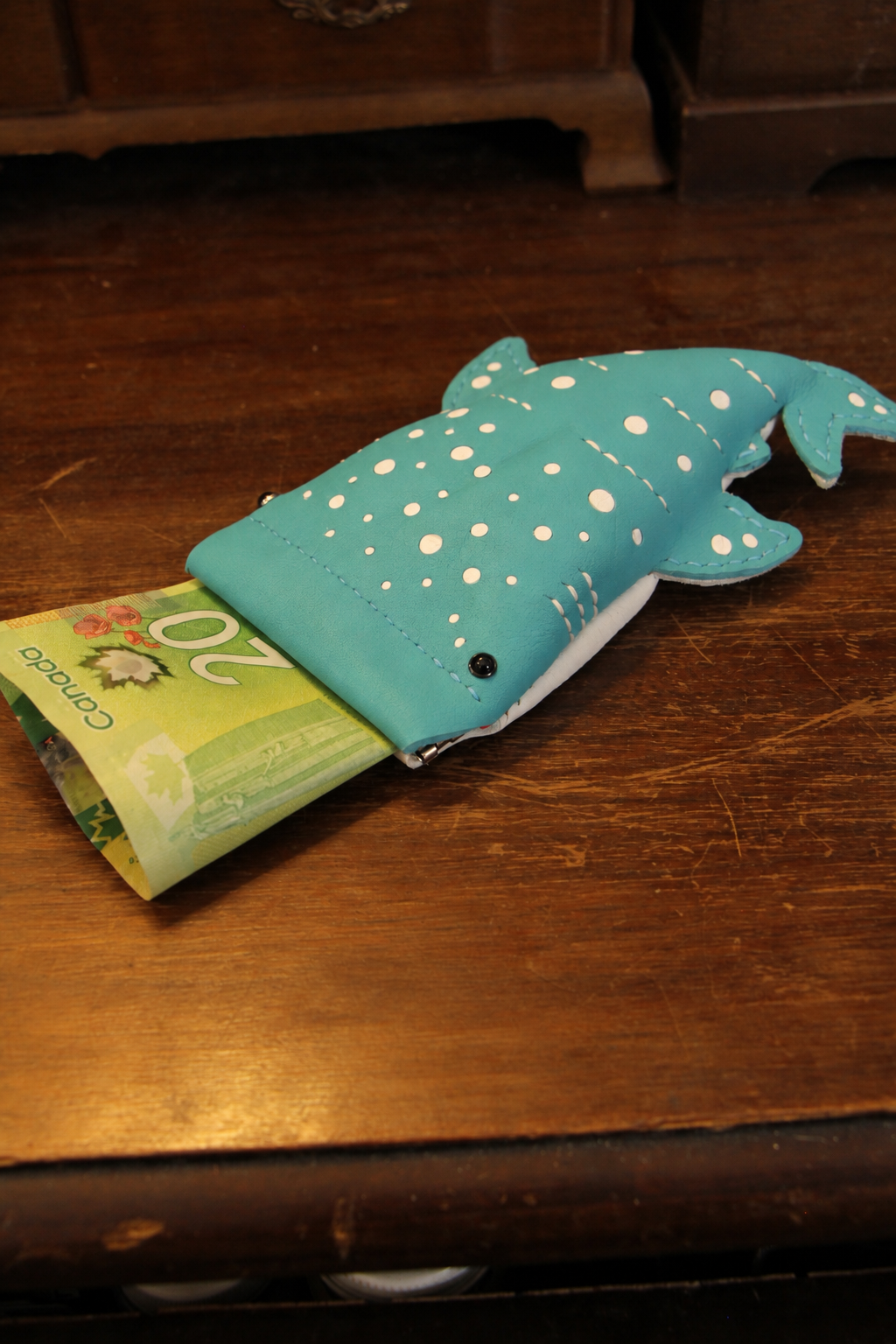 Baby Whale Shark Wallet holding folded Canadian banknotes