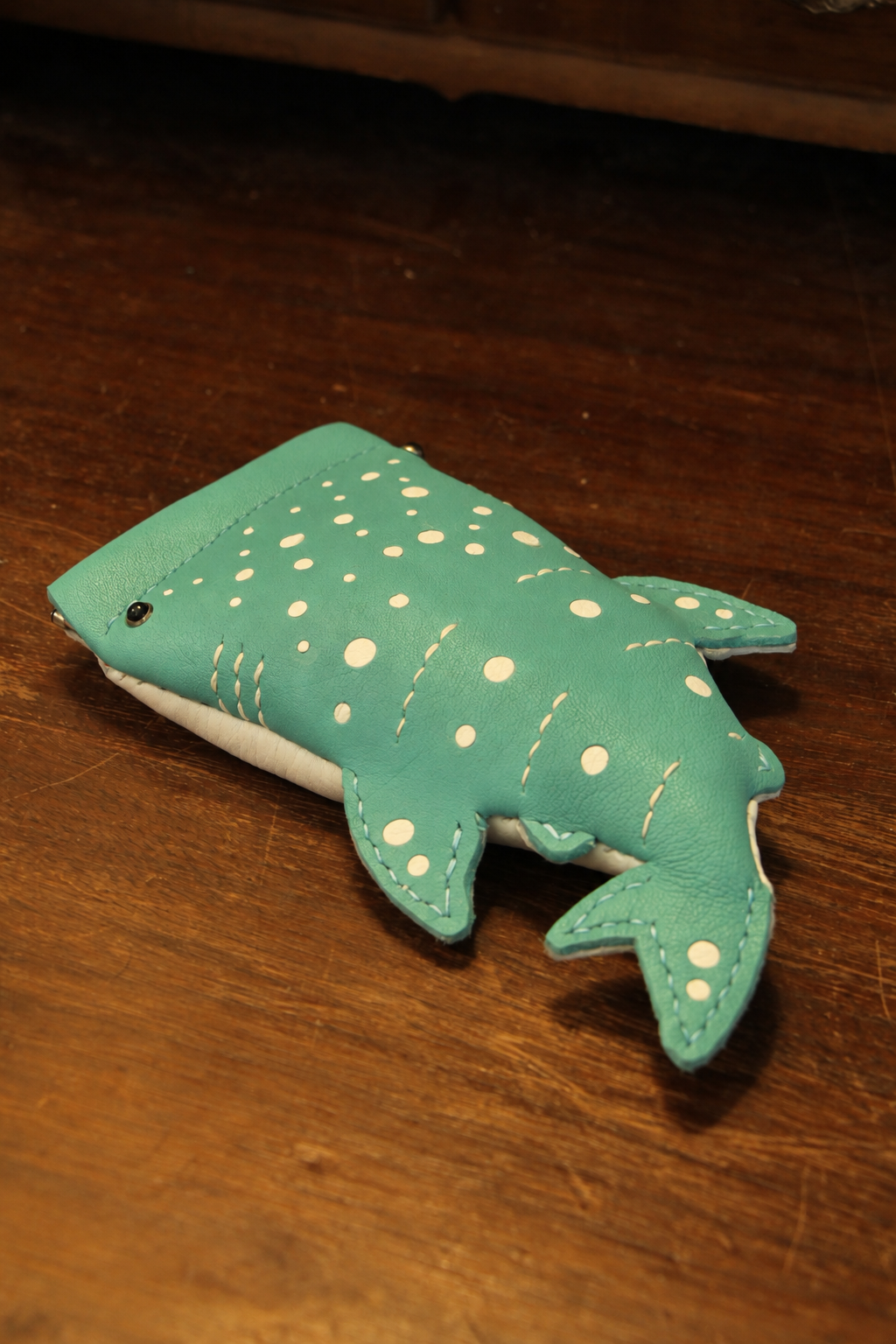 Turquoise Baby Whale Shark Wallet viewed from the tail