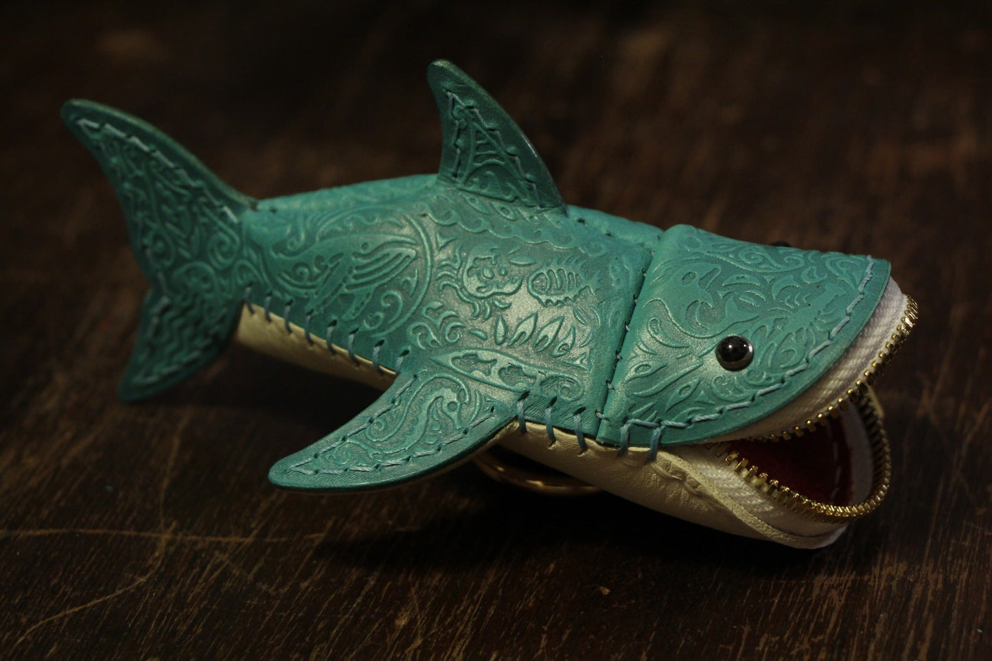 Side view of Embossed Shark leather coin purse